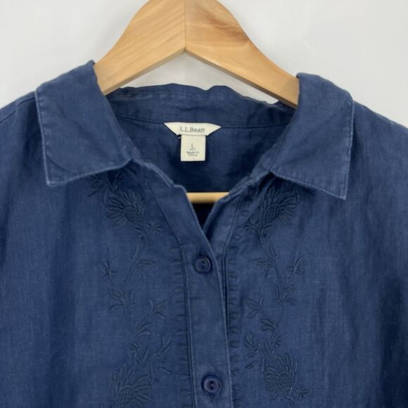 LL Bean Shirt Size Large Petite Womens Navy Linen Button Down Embroidered Top - Picture 3 of 9